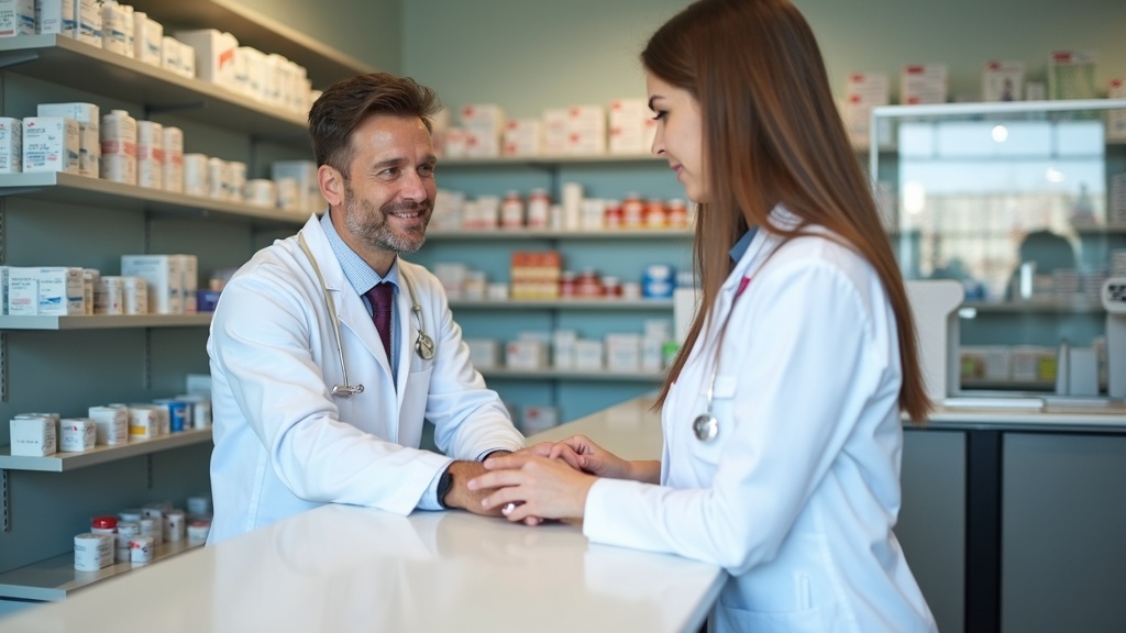 Farmacéutico atendiendo a un cliente en la farmacia